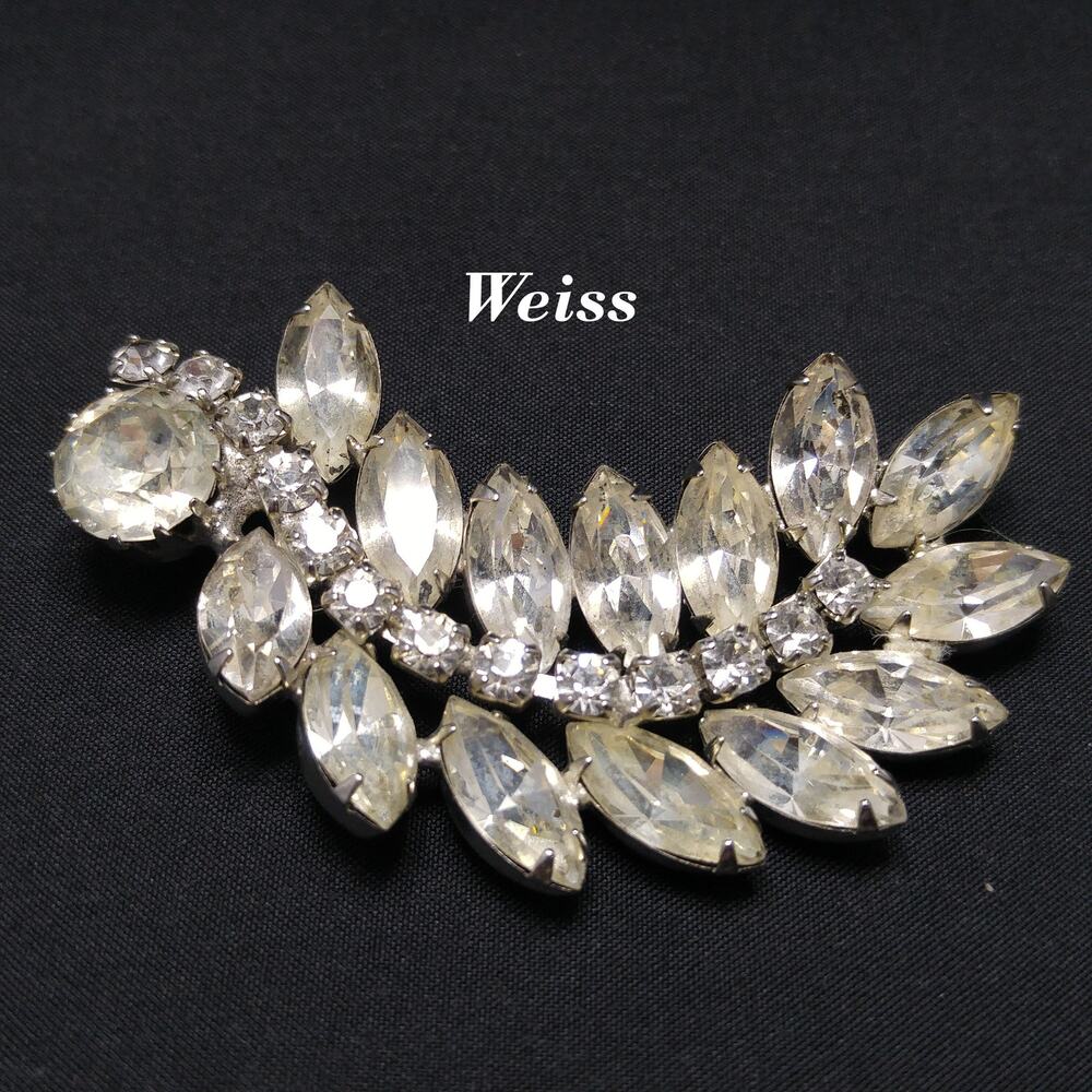 Vintage Weiss Clear Rhinestone Floral Spray Brooch Rhodium 1950s